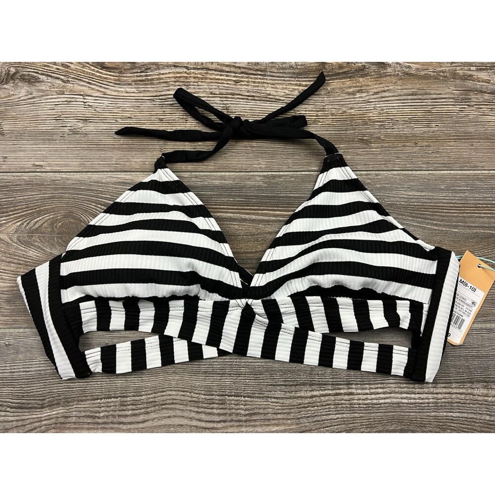 Women's Faux Wrap Halter Bikini Top Kona Sol Black White Stripe Size Medium‎